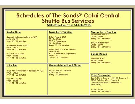 Schedules of The Sands Cotai Central Shuttle Bus Services.